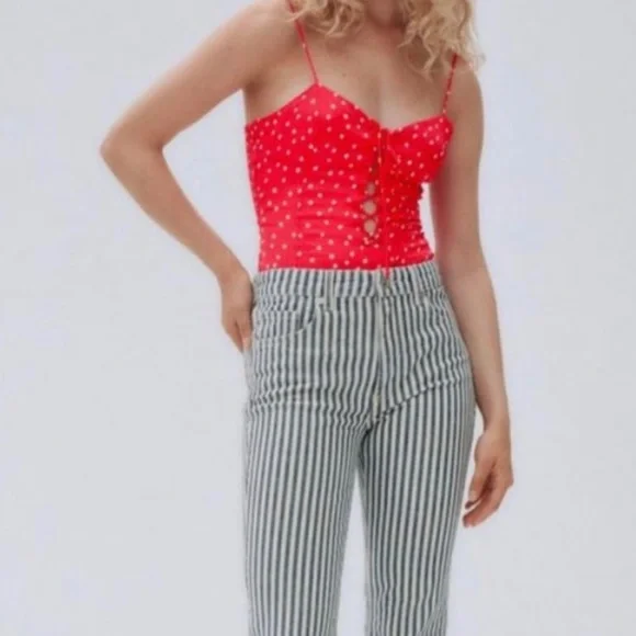 NWT Zara Red & White Star Print Satin Lace Up Bodysuit - Picture 4 of 13